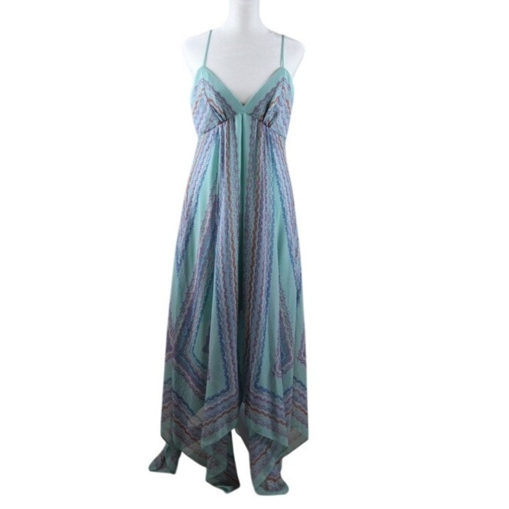 Boho Teal Zigzag Geometric Handkerchief Hem Maxi Dress V-Neck Adjustable Straps